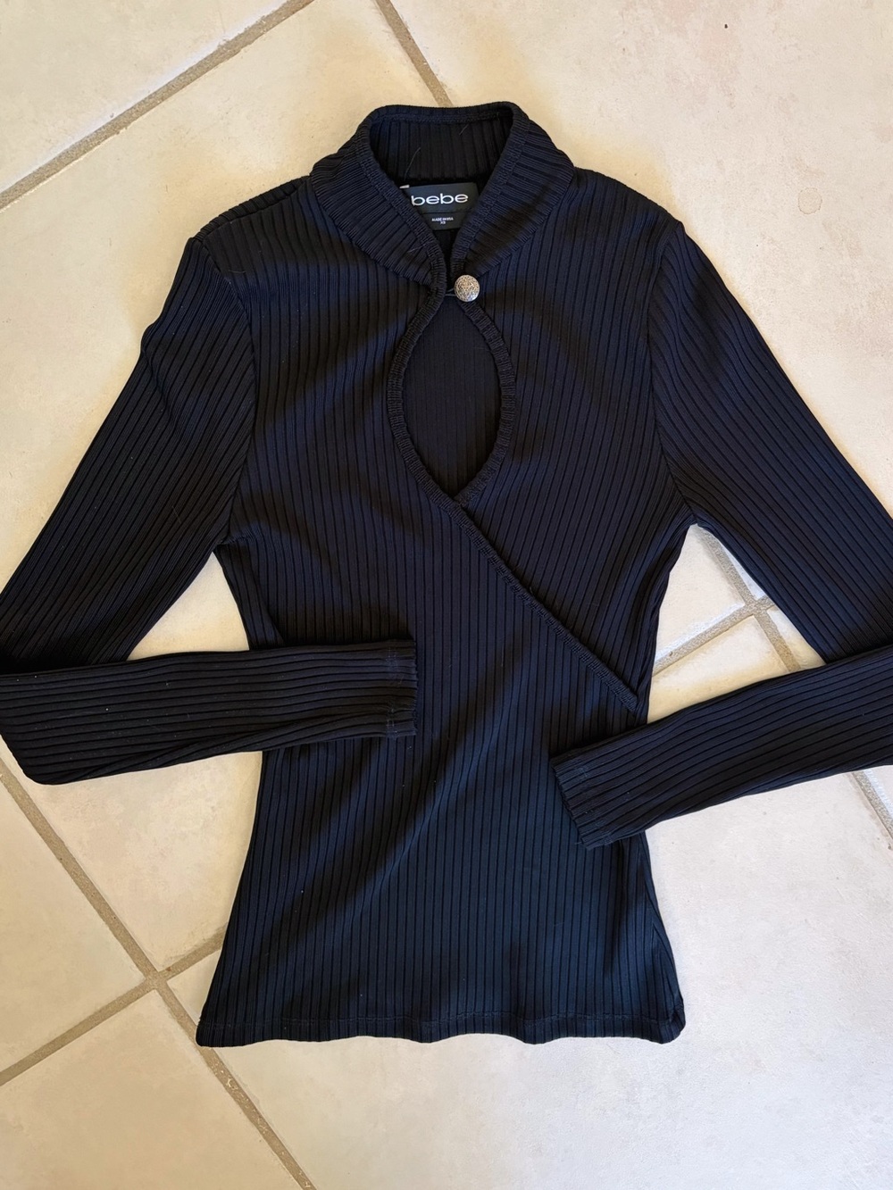 Bebe Black Mandarin Collar Keyhole Sweater Top